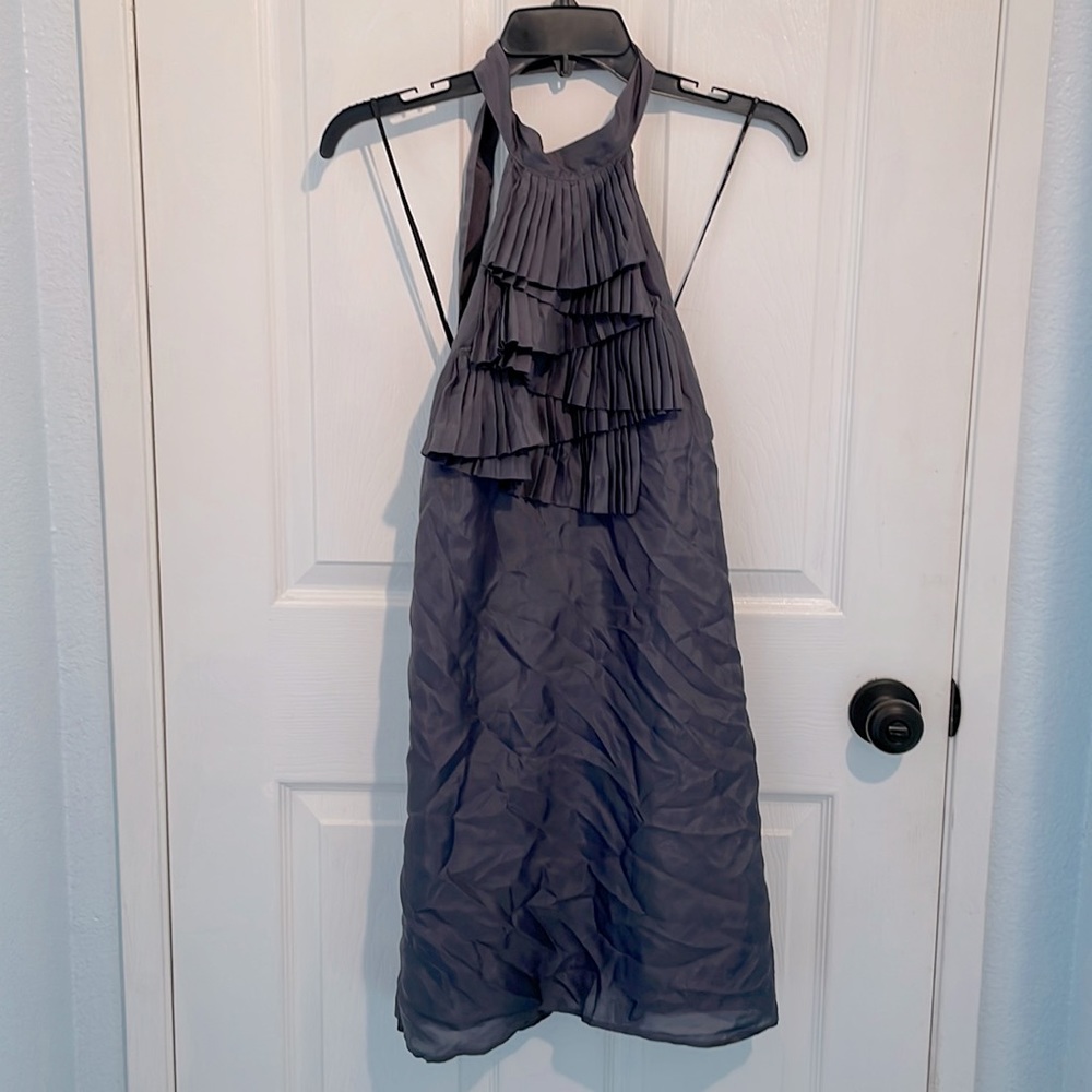 NWT Meghan Los Angeles Gray Silk Ruffle Front Plunging Back Halter Mini Dress